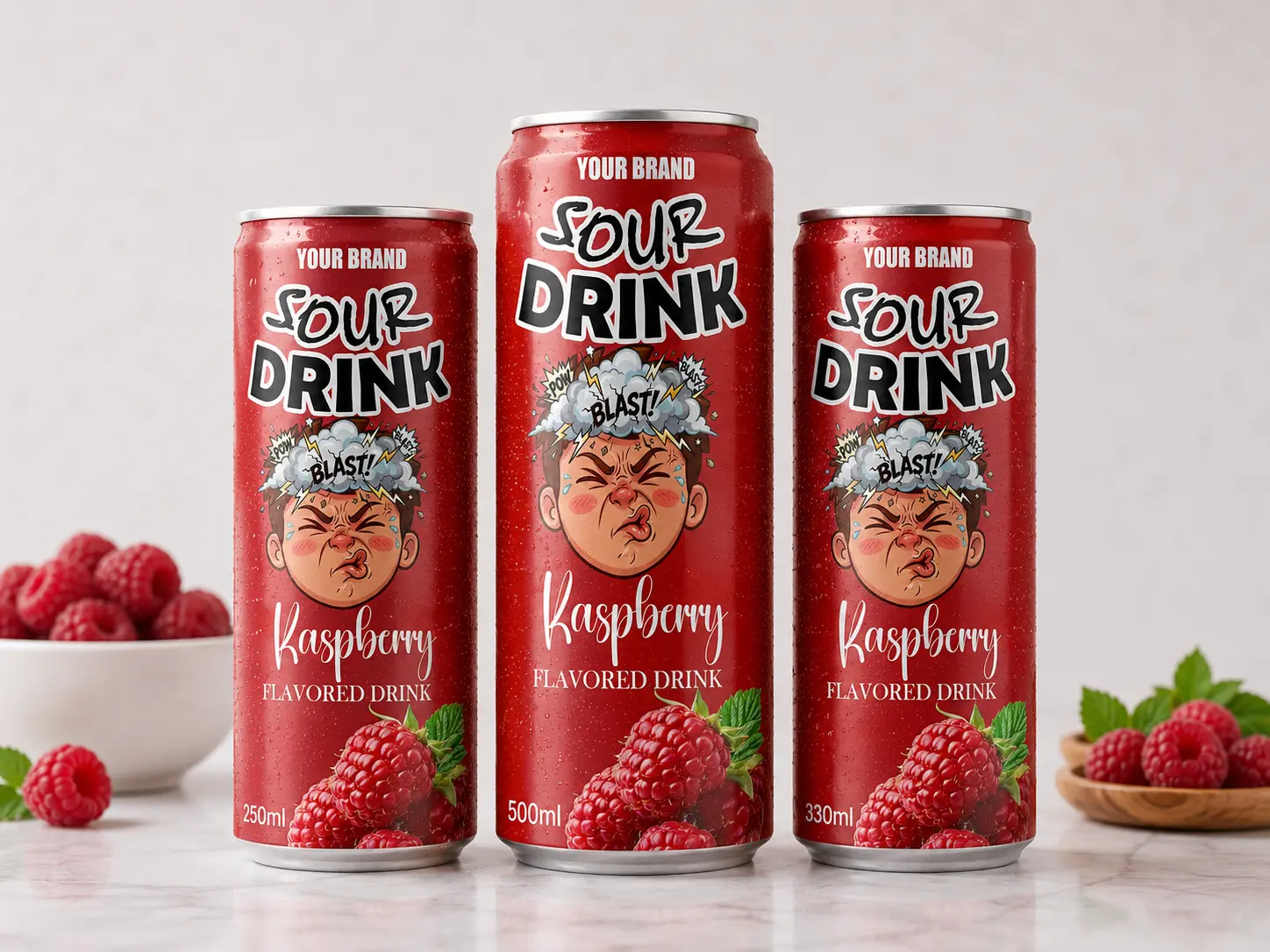 SOUR DRINK Raspberry Flavored Drink in 250ml, 500ml, and 330ml cans.